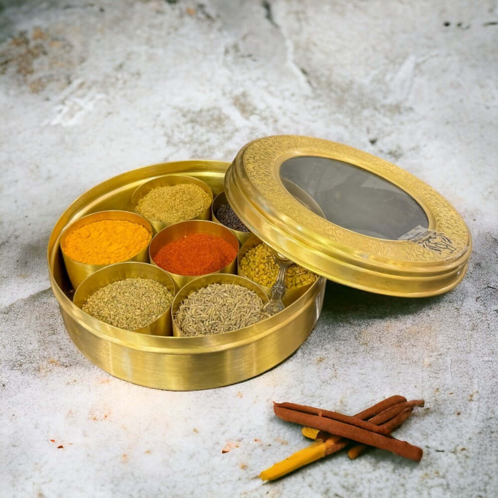 Brass Masala Dani Indian Spice Box with Brass and Glass Cover and Spoon 7 Containers For Kitchen medium size