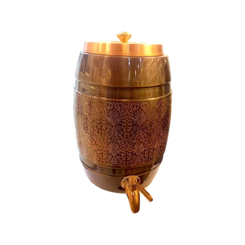 5 Liter Pure Copper Water Dispenser - Dholak Shape with Lesser Etching Antique Finish - 5000 ML