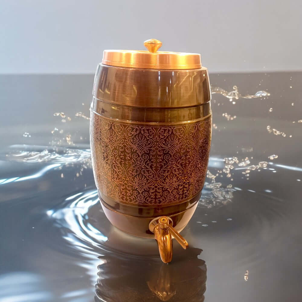 5 Liter Pure Copper Water Dispenser - Dholak Shape with Lesser Etching Antique Finish - 5000 ML