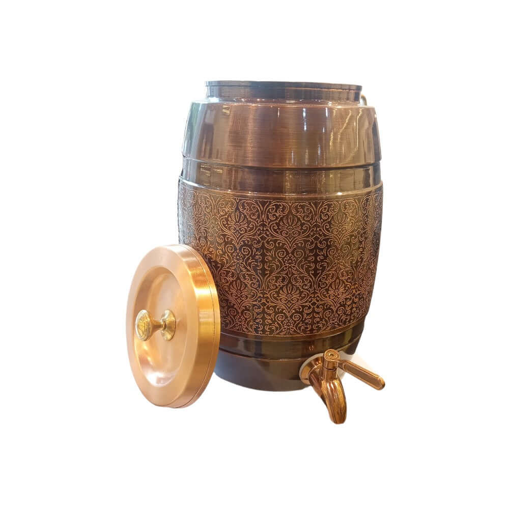 5 Liter Pure Copper Water Dispenser - Dholak Shape with Lesser Etching Antique Finish - 5000 ML