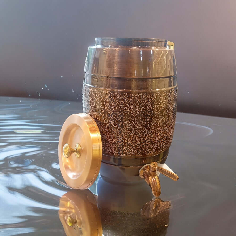 5 Liter Pure Copper Water Dispenser - Dholak Shape with Lesser Etching Antique Finish - 5000 ML
