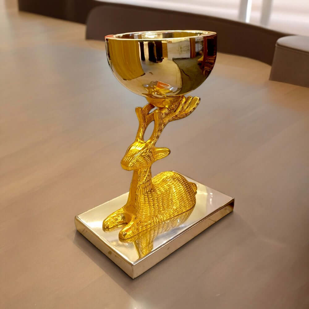 Deer Decorative Bowl Showpiece Figurine (Golden Silver) - 8.5 Inch