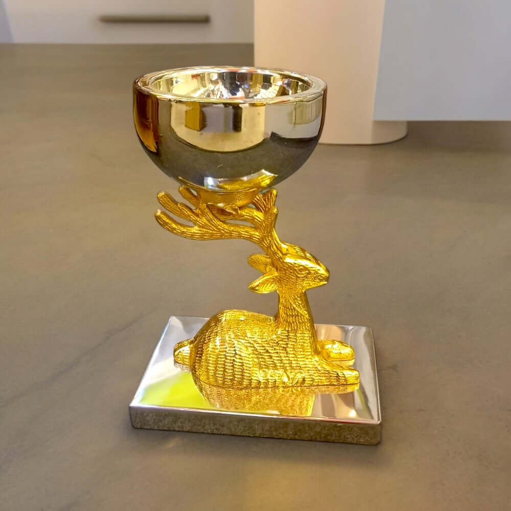 Deer Decorative Bowl Showpiece Figurine (Golden Silver) - 8.5 Inch