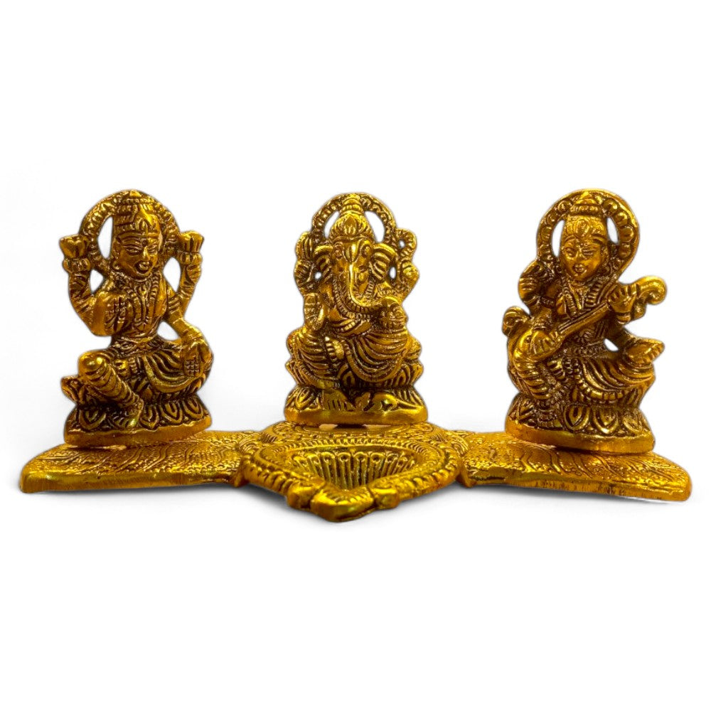 ROYALSTUFFS Laxmi Ganesha Saraswati with Diya for Pooja Gold Color Plated Decorative Showpiece