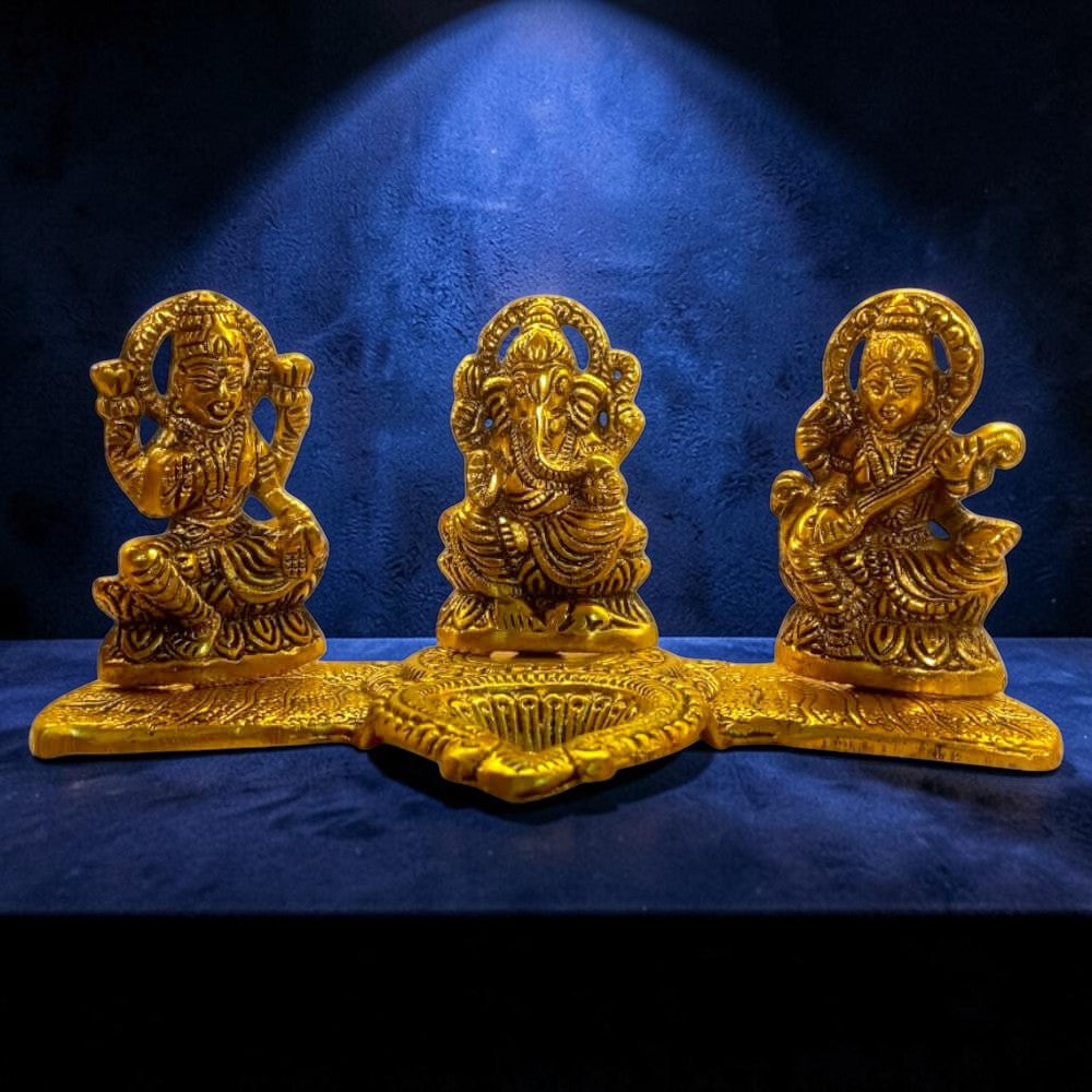 ROYALSTUFFS Laxmi Ganesha Saraswati with Diya for Pooja Gold Color Plated Decorative Showpiece