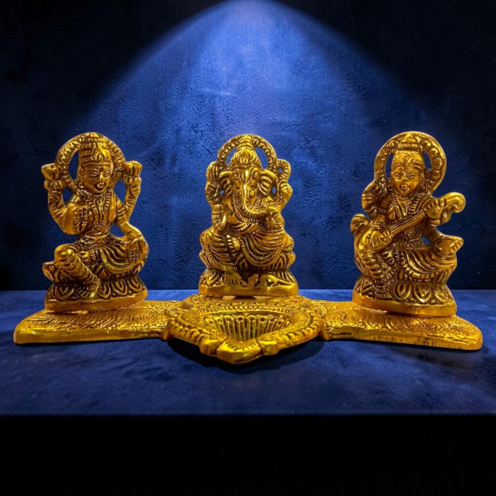 ROYALSTUFFS Laxmi Ganesha Saraswati with Diya for Pooja Gold Color Plated Decorative Showpiece