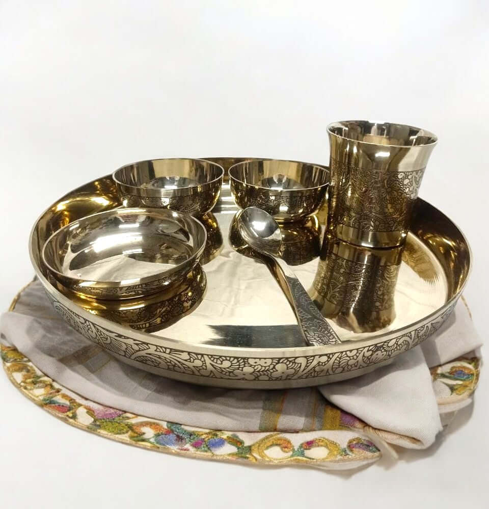 ROYALSTUFFS 12Inch Kansa Utensil 6 Piece Embossed Designer Dinner Thali Set for Home Hotel Restaurant with 1 Dinner Plate, 2 Bowl, 1 Rice Plate, 1 Glass, & 1 Spoon