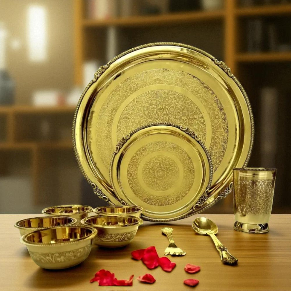 Maharaja 10 Pcs Brass Dinner Set – Etched Gold Pital Dinnerware