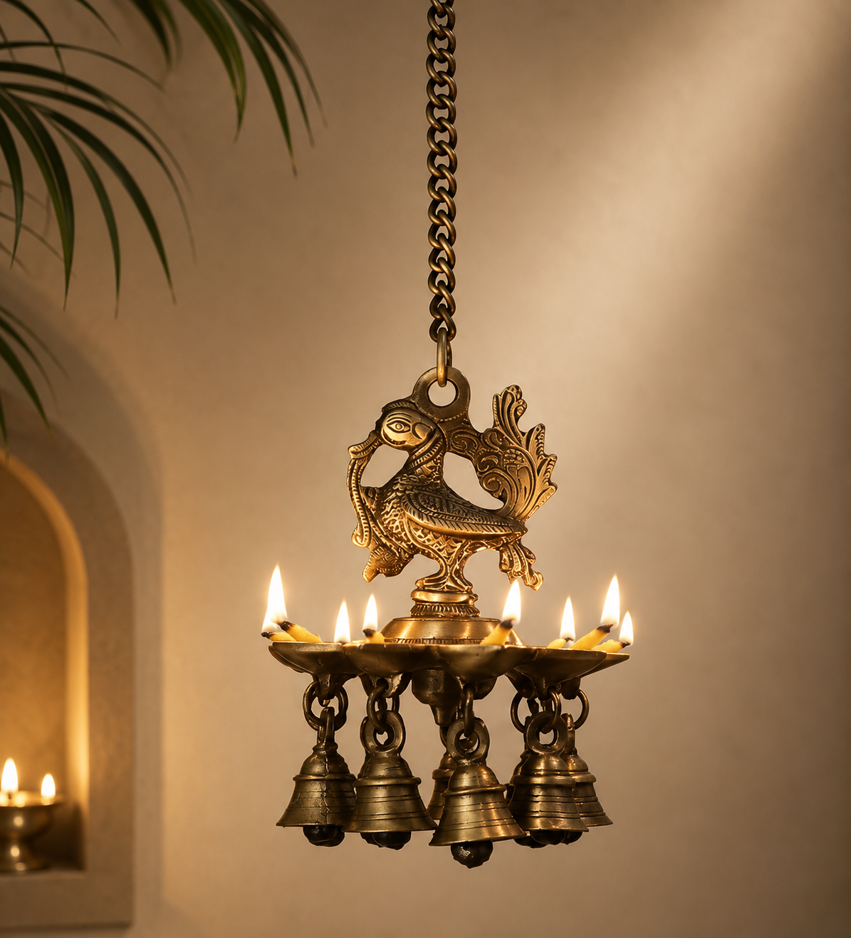 Hanging Bird Diya made in Brass with 4 Deepak- Antique Finish