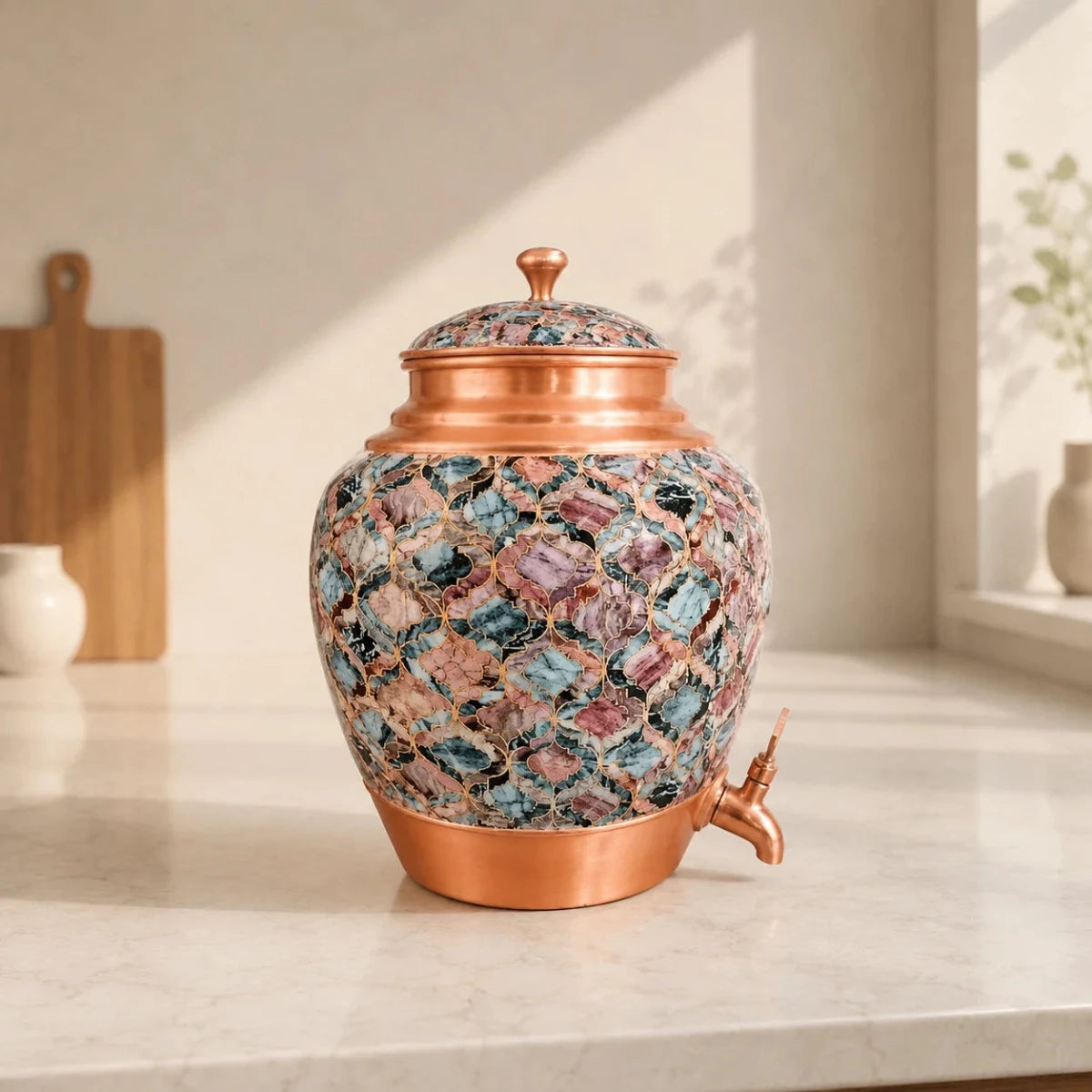 Abstract Art Print Meena Work Copper Water Dispenser with Brass Tap, 10L Capacity - Royalstuffs.com