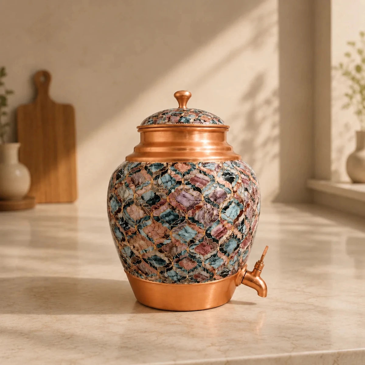 Abstract Art Print Meena Work Copper Water Dispenser with Brass Tap, 10L Capacity - Royalstuffs.com