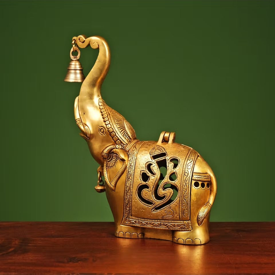 HEAVY BRASS ELEPHANT DIYA WITH BELL (10.5 INCH)