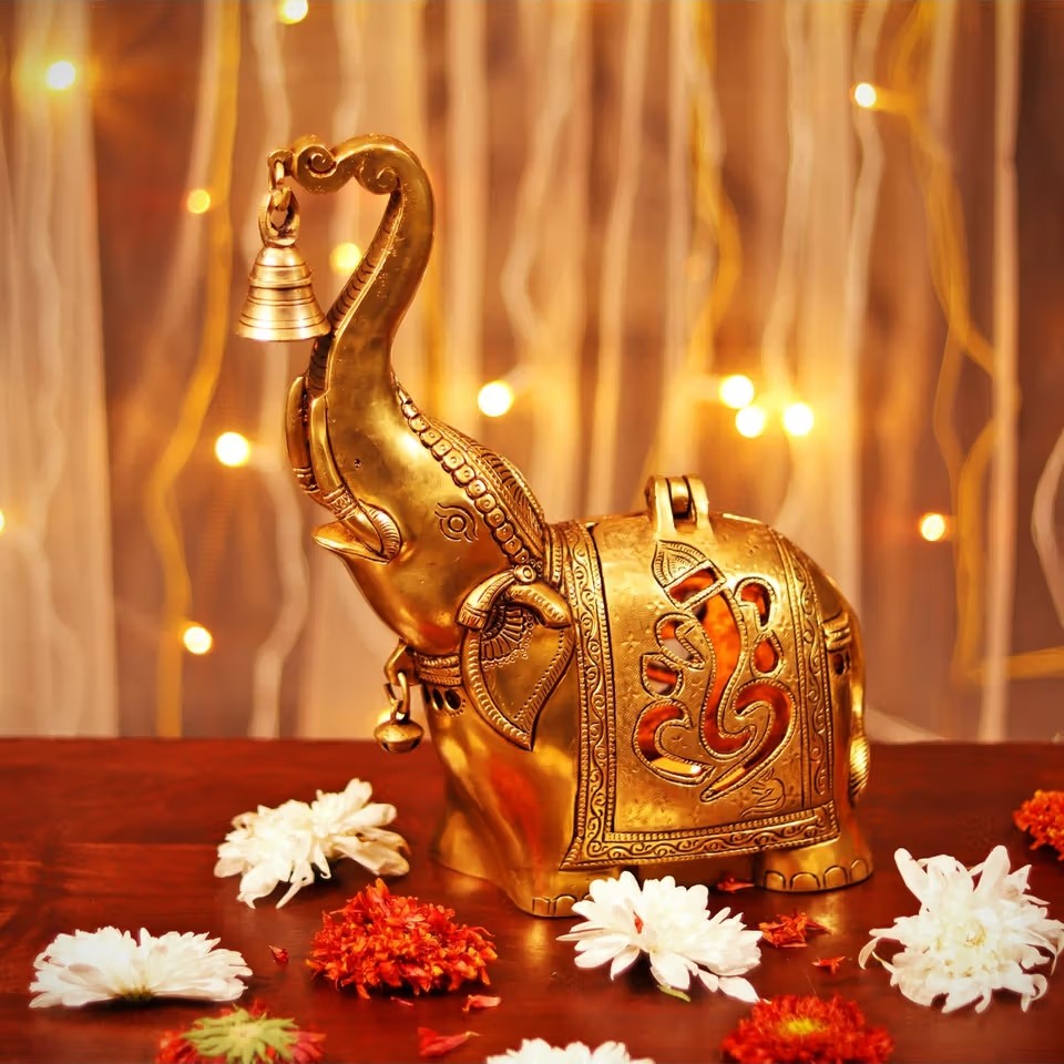 HEAVY BRASS ELEPHANT DIYA WITH BELL (10.5 INCH)