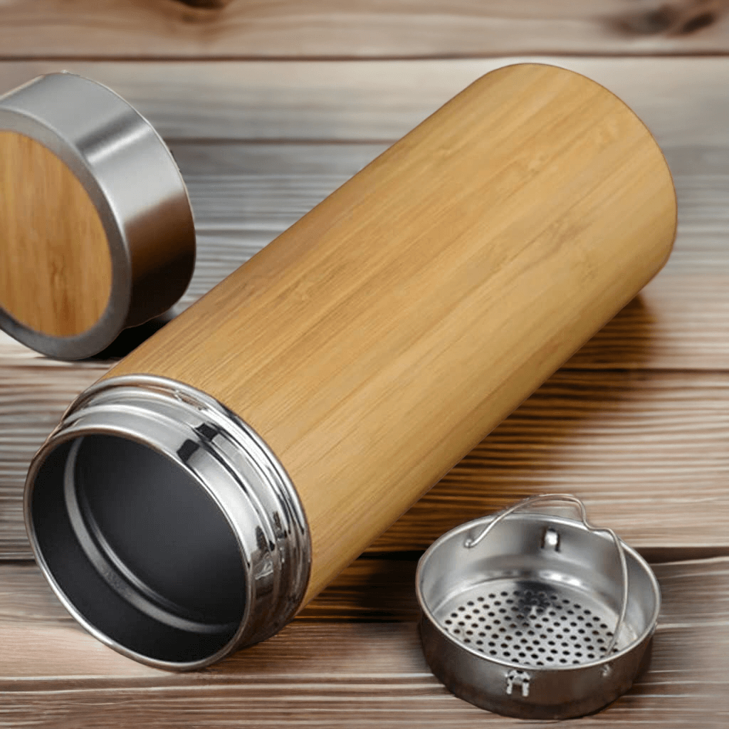 Set of 2 Bamboo Stainless Steel Insulated Tea Infuser Water Bottles - 450ml Capacity, BPA Free - Royalstuffs.com