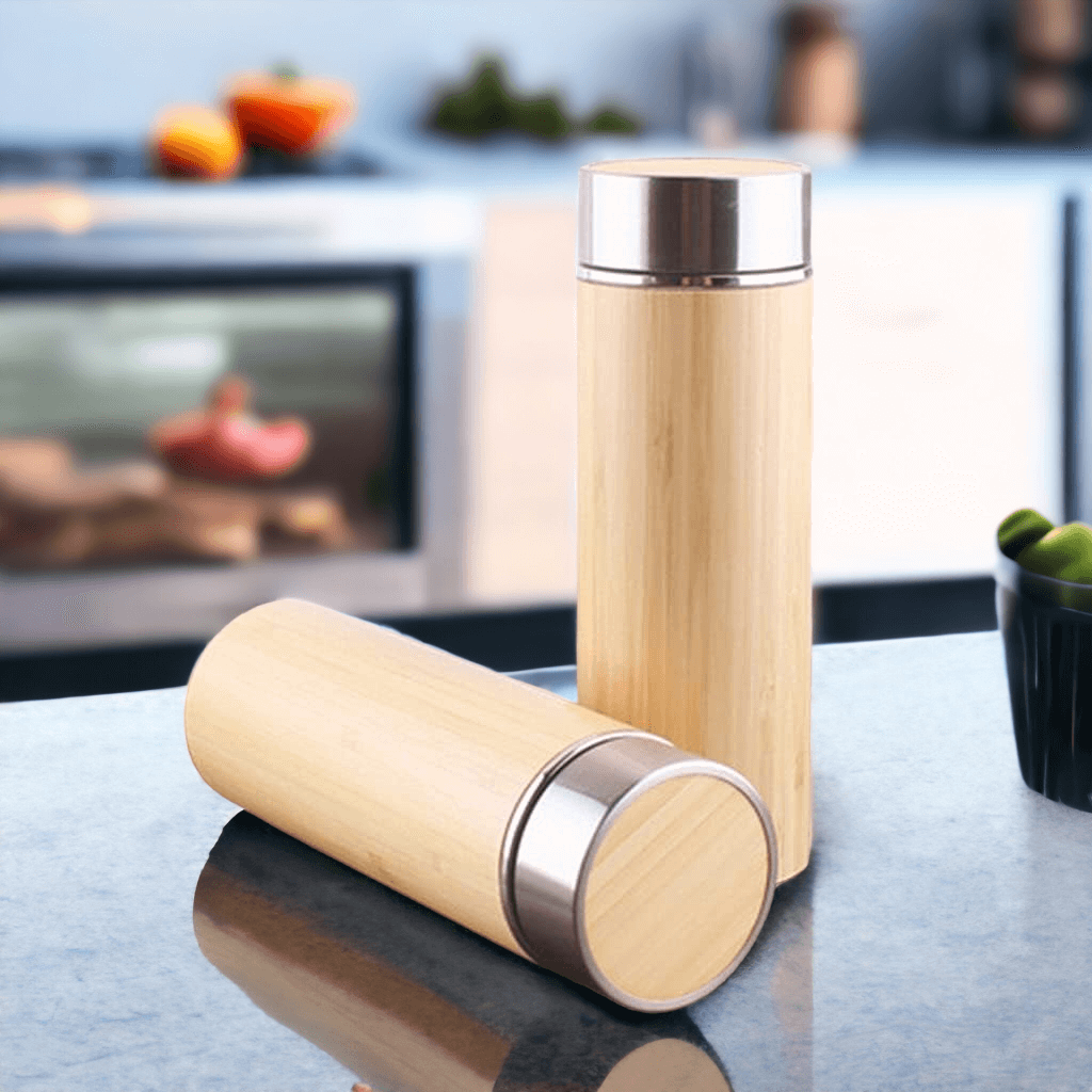 Set of 2 Bamboo Stainless Steel Insulated Tea Infuser Water Bottles - 450ml Capacity, BPA Free - Royalstuffs.com