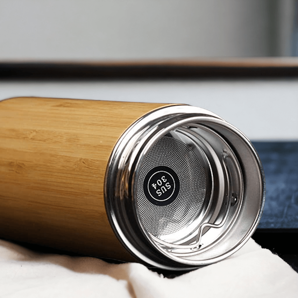 Set of 2 Bamboo Stainless Steel Insulated Tea Infuser Water Bottles - 450ml Capacity, BPA Free - Royalstuffs.com