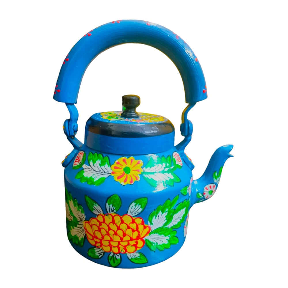 Blue Color Hand Painted Designer Aluminum Kettle for Tea, Capacity 1 L, Size 8.5"X5.5"X8.5 , Weight: 512 Gram - Royalstuffs.com