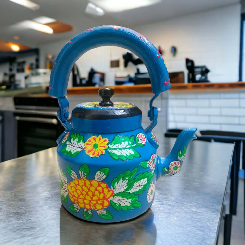 Blue Color Hand Painted Designer Aluminum Kettle for Tea, Capacity 1 L, Size 8.5"X5.5"X8.5 , Weight: 512 Gram - Royalstuffs.com