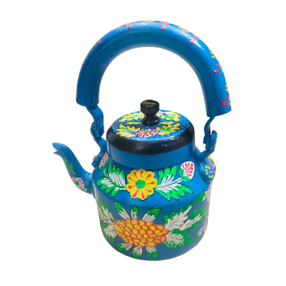 Blue Color Hand Painted Designer Aluminum Kettle for Tea, Capacity 1 L, Size 8.5"X5.5"X8.5 , Weight: 512 Gram - Royalstuffs.com