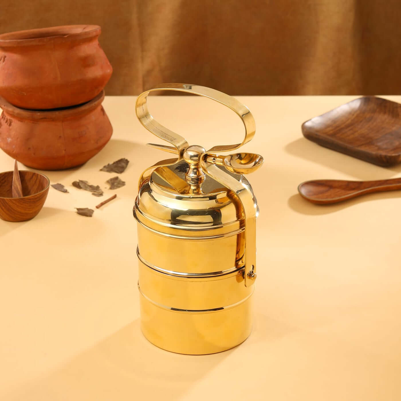 Brass 3 Tier with Tin Lining Four Compartments Office Tiffin Lunch Box by RoyalStuffs.com - Royalstuffs.com