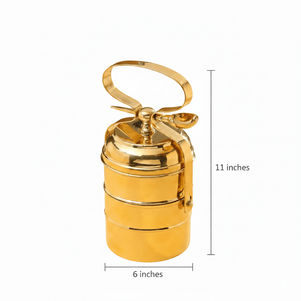 Brass 3 Tier with Tin Lining Four Compartments Office Tiffin Lunch Box by RoyalStuffs.com - Royalstuffs.com