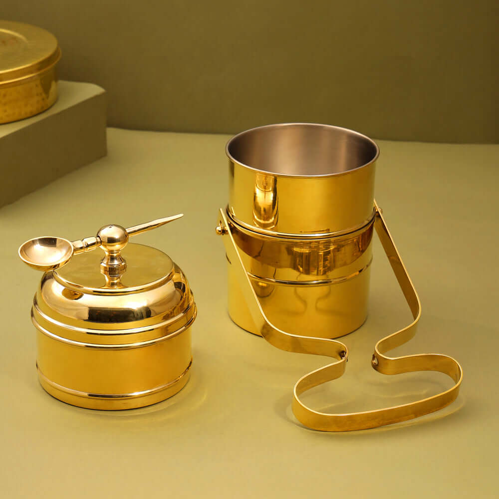 Brass 4 Tier with Tin Lining Four Compartments Office Tiffin Lunch Box by RoyalStuffs.com - Royalstuffs.com