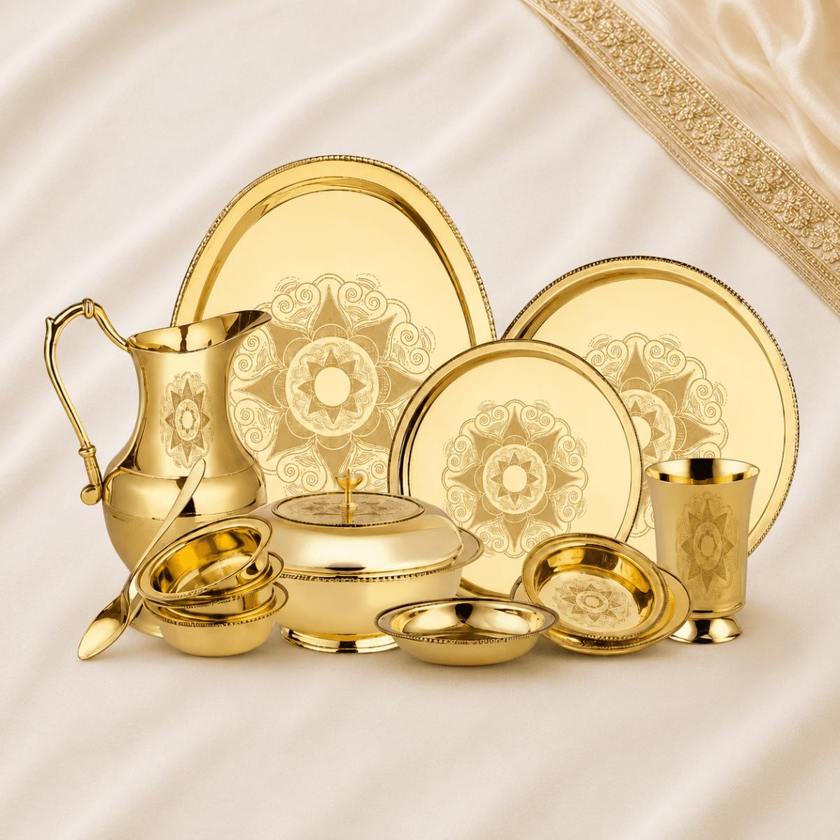 Brass 51 Pcs Laser Design Dinner Set – Premium Handcrafted Tableware - Royalstuffs.com
