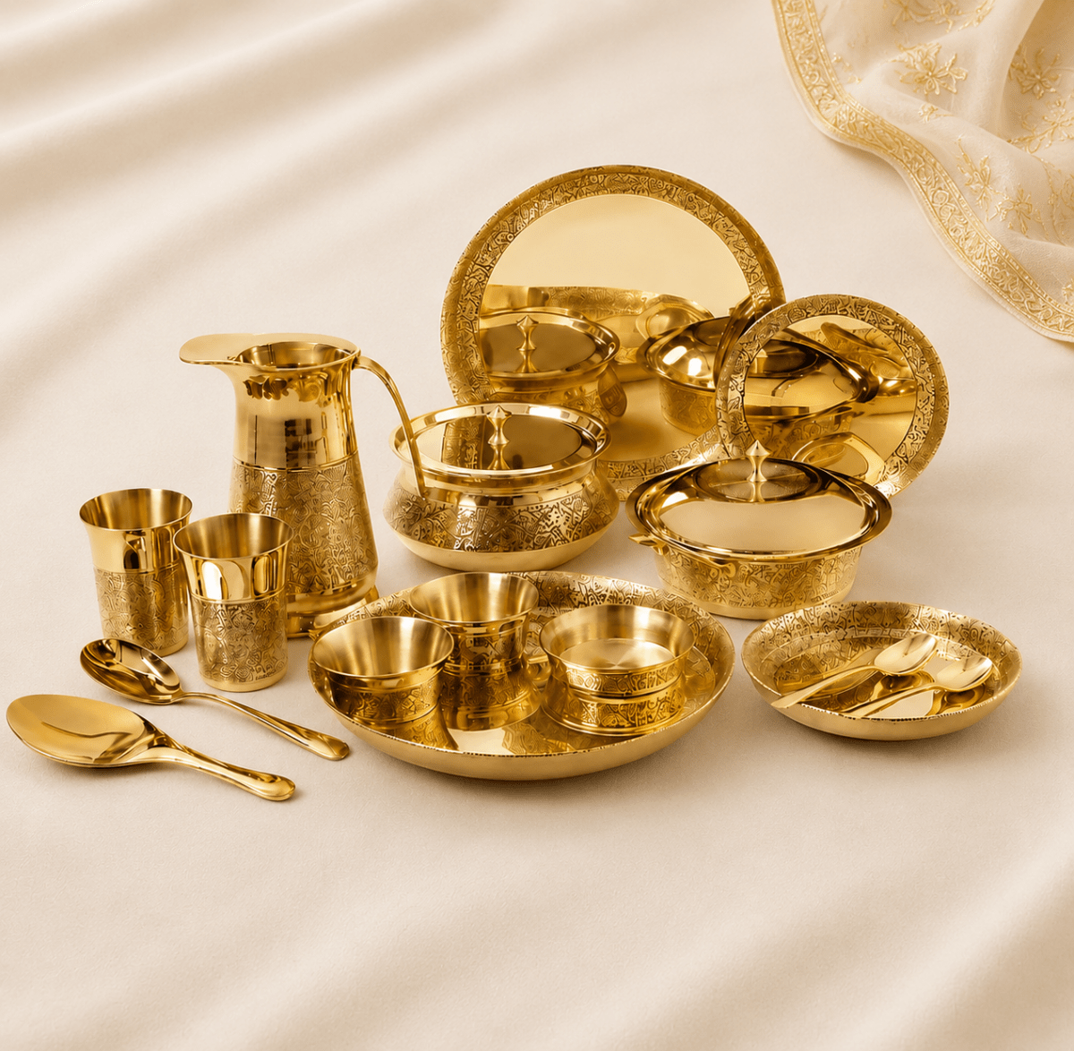 Brass 57 Pcs Engraved Dinner Set – Luxury Festival Special - Royalstuffs.com