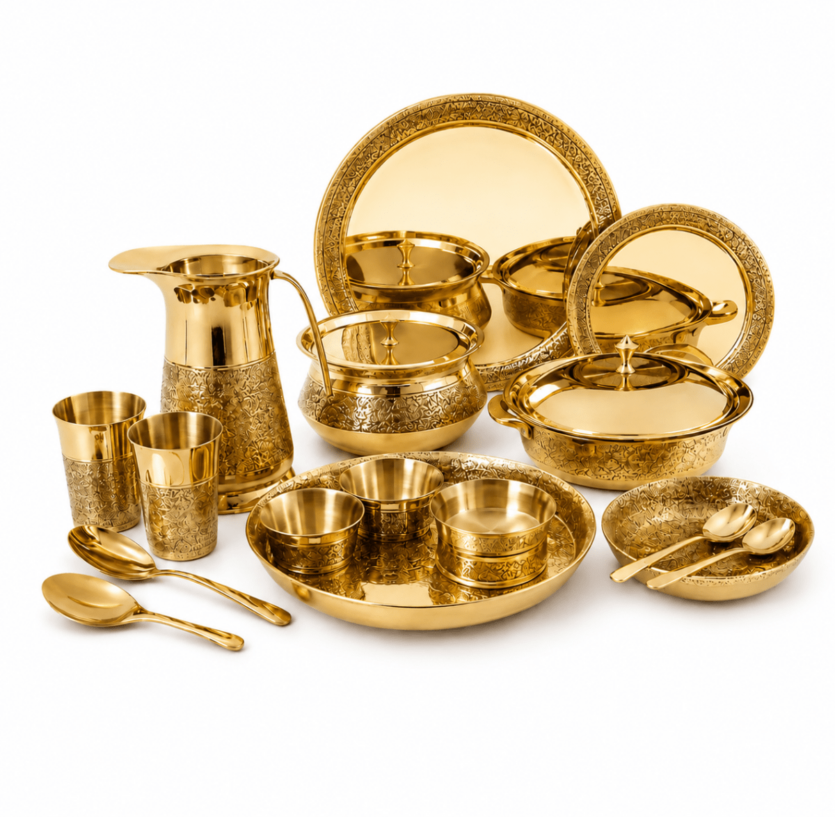 Brass 57 Pcs Engraved Dinner Set – Luxury Festival Special - Royalstuffs.com