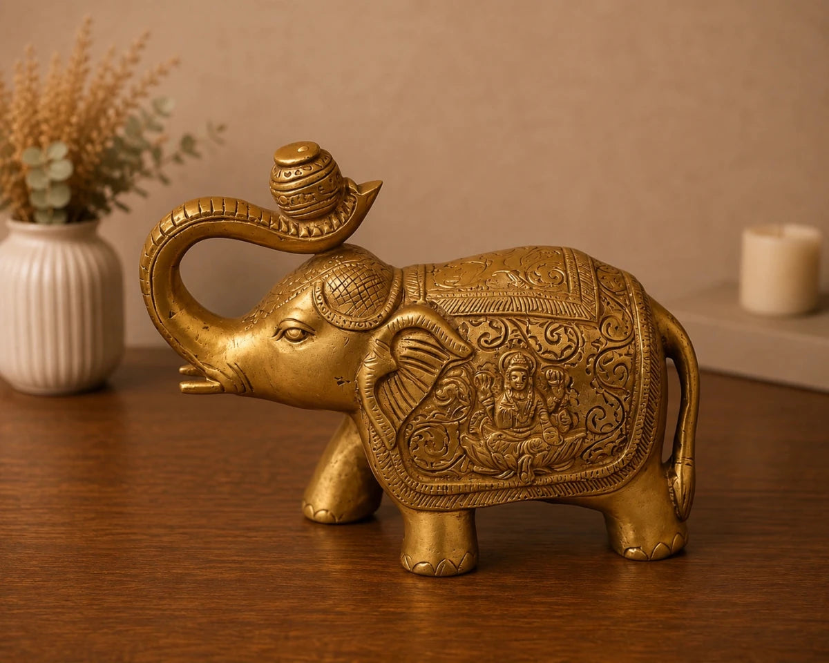 Brass Antique Finish Gaj Laxmi Elephant Decorative Showpiece - 4 Inch - Royalstuffs.com