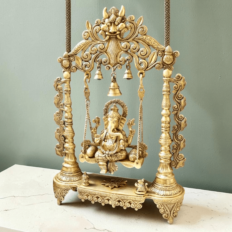 Brass Ganesha Idol Murti Sitting on Jhula for Worship Temple Home, 66 cm HEIGHT - Royalstuffs.com