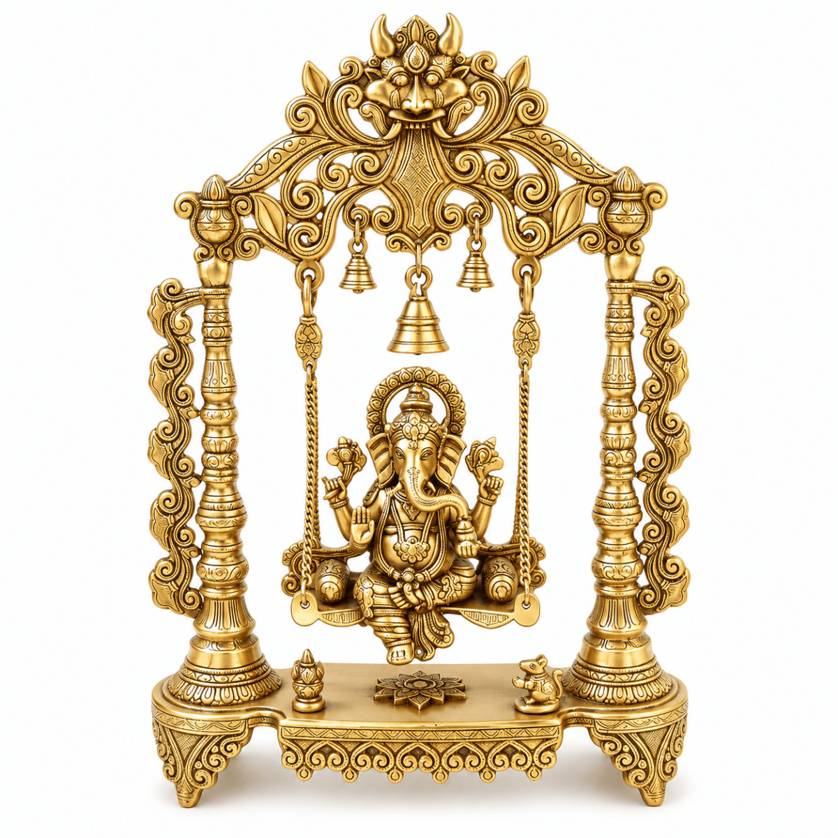 Brass Ganesha Idol Murti Sitting on Jhula for Worship Temple Home, 66 cm HEIGHT - Royalstuffs.com