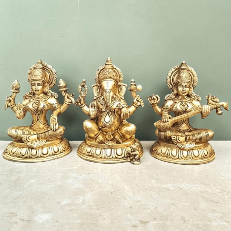 Brass Ganesha, Lakshmi, and Saraswathi Big Statue Set-Height:10 Inch ,Weight:17 Kg - Royalstuffs.com