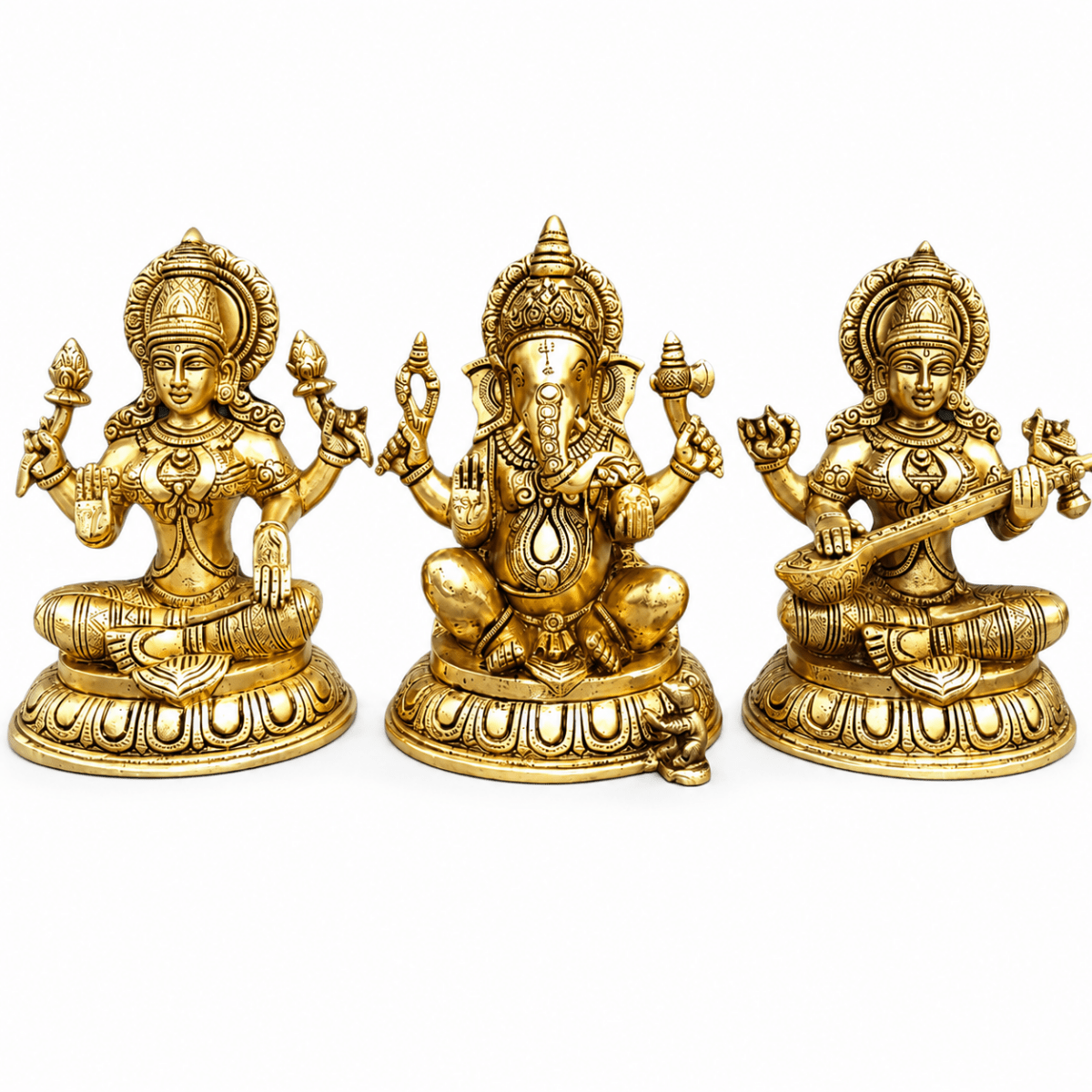 Brass Ganesha, Lakshmi, and Saraswathi Big Statue Set-Height:10 Inch ,Weight:17 Kg - Royalstuffs.com