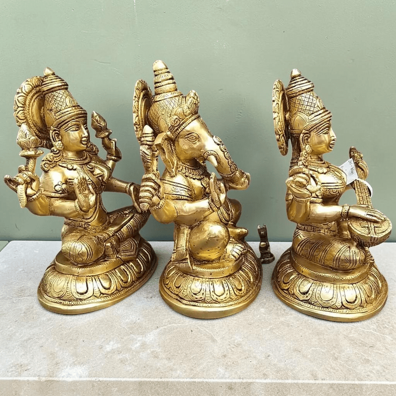 Brass Ganesha, Lakshmi, and Saraswathi Big Statue Set-Height:10 Inch ,Weight:17 Kg - Royalstuffs.com