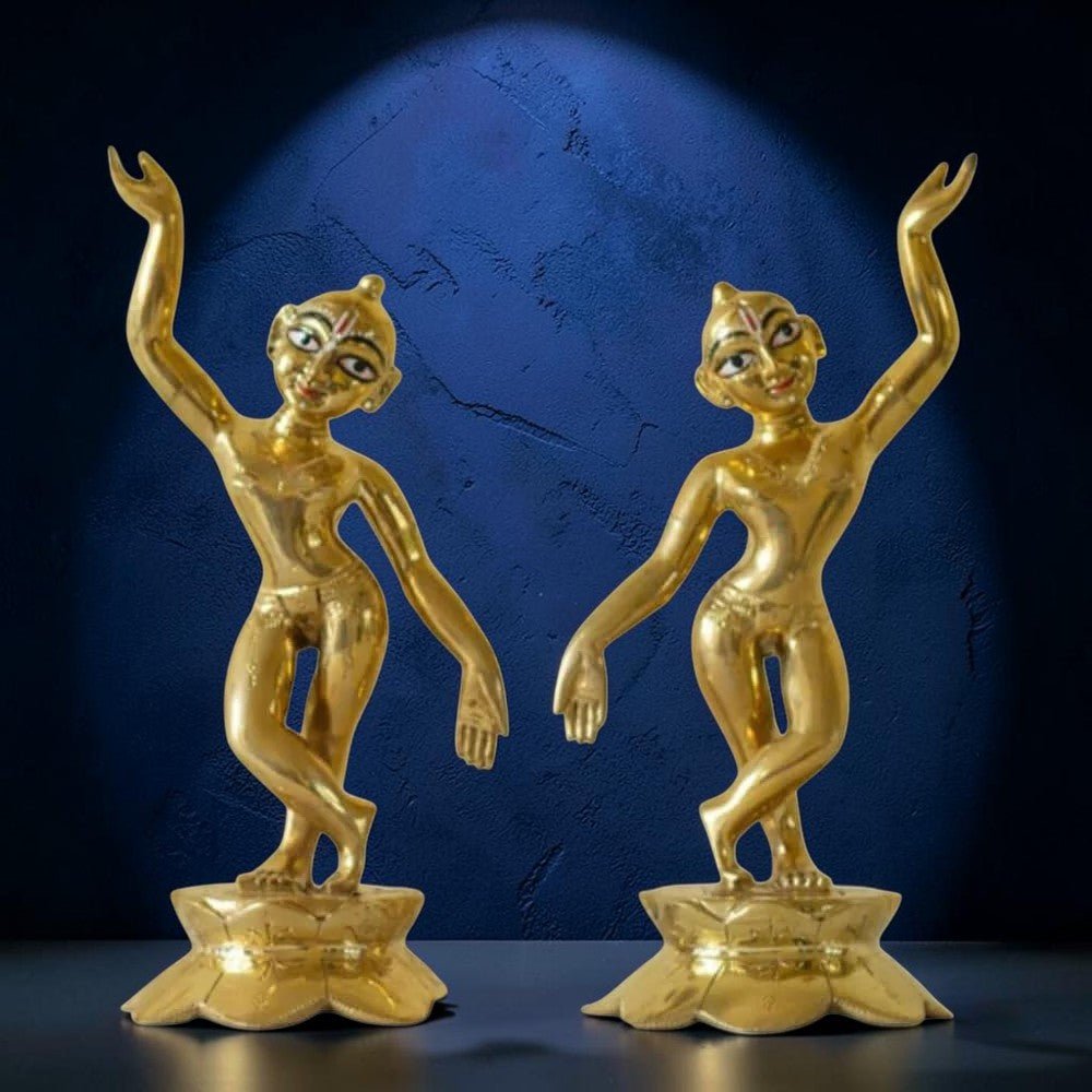 Brass Gaura Nitai Deities 8" One Hand Up and one Down; Lotus Base,Weight:2500 Gram - Royalstuffs.com