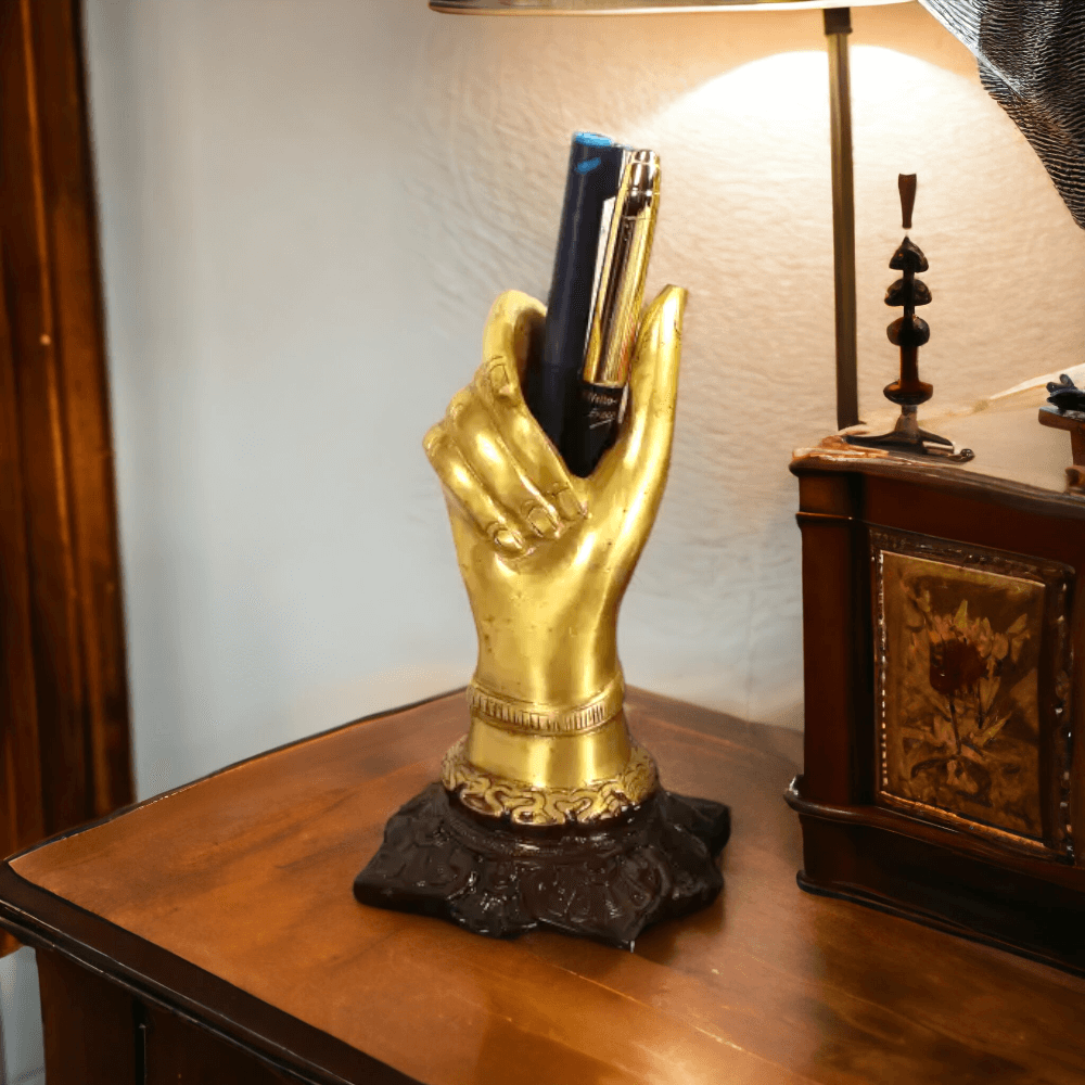 Brass Hand Shape Decorative Showpiece With Pen Holder - 16 cm (Brass, Gold) - Royalstuffs.com