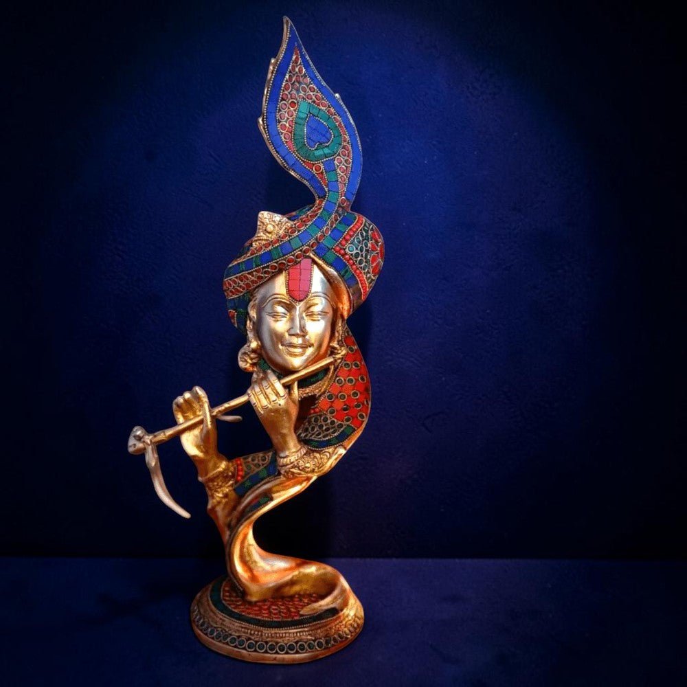 Krishna Bhagwan Brass Idol Bansuri Playing Murti Morpankh Home Mandir Decor 35 Cm - Royalstuffs.com