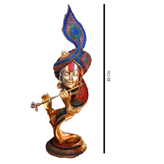 Krishna Bhagwan Brass Idol Bansuri Playing Murti Morpankh Home Mandir Decor 35 Cm - Royalstuffs.com