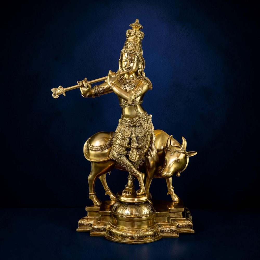 Brass Krishna with His Cow, Golden Color,Height:25 Inch,Weight:23.5 Kg. - Royalstuffs.com
