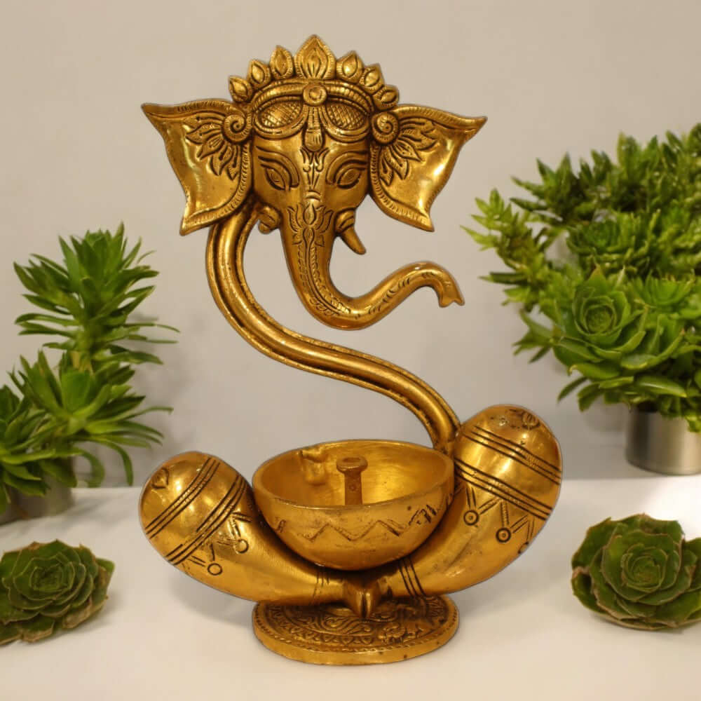 Brass Lord Ganesh Diya Stand Incense Burner and Diya Jyoti Deepak Oil Lamp - Royalstuffs.com
