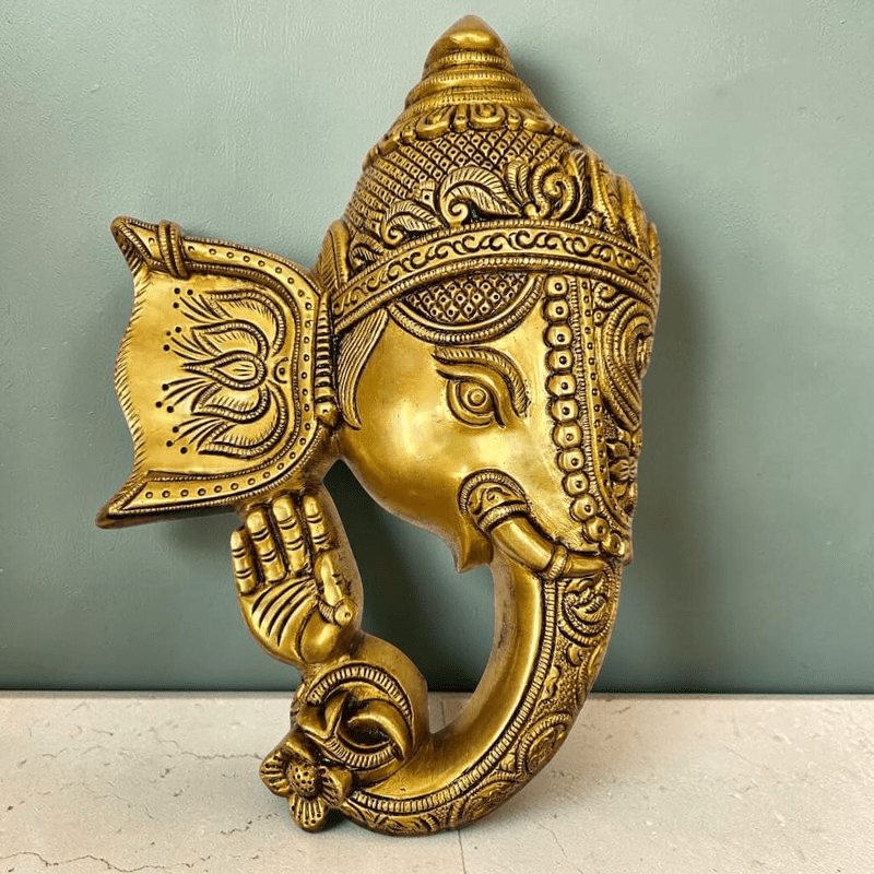 Brass Lord Ganesha Mask Wall Hanging (Height: 11 inches) - Royalstuffs.com