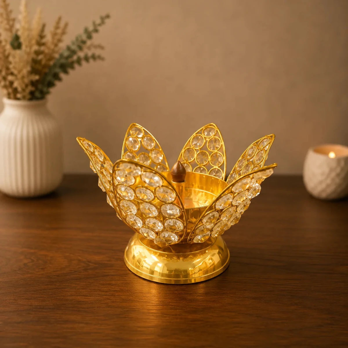 Brass Lotus Kamal Shape Akhand Crystal Diya - 5 Inch - Royalstuffs.com