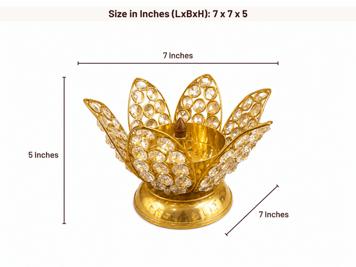 Brass Lotus Kamal Shape Akhand Crystal Diya - 5 Inch - Royalstuffs.com