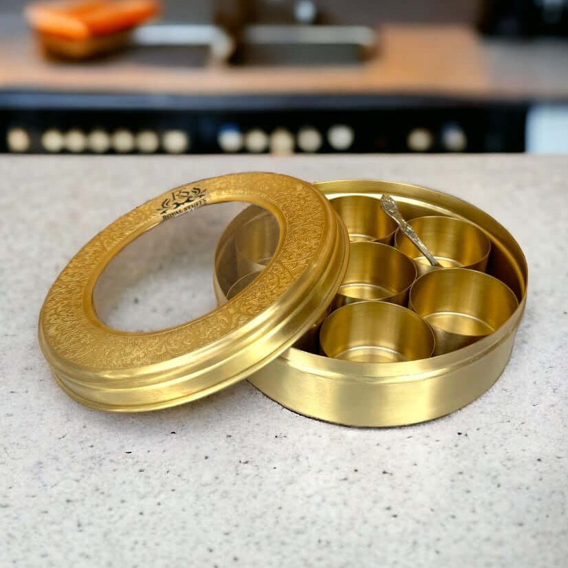 Brass Masala Dani Indian Spice Box with Brass and Glass Cover and Spoon 7 Containers For Kitchen medium size - Royalstuffs.com