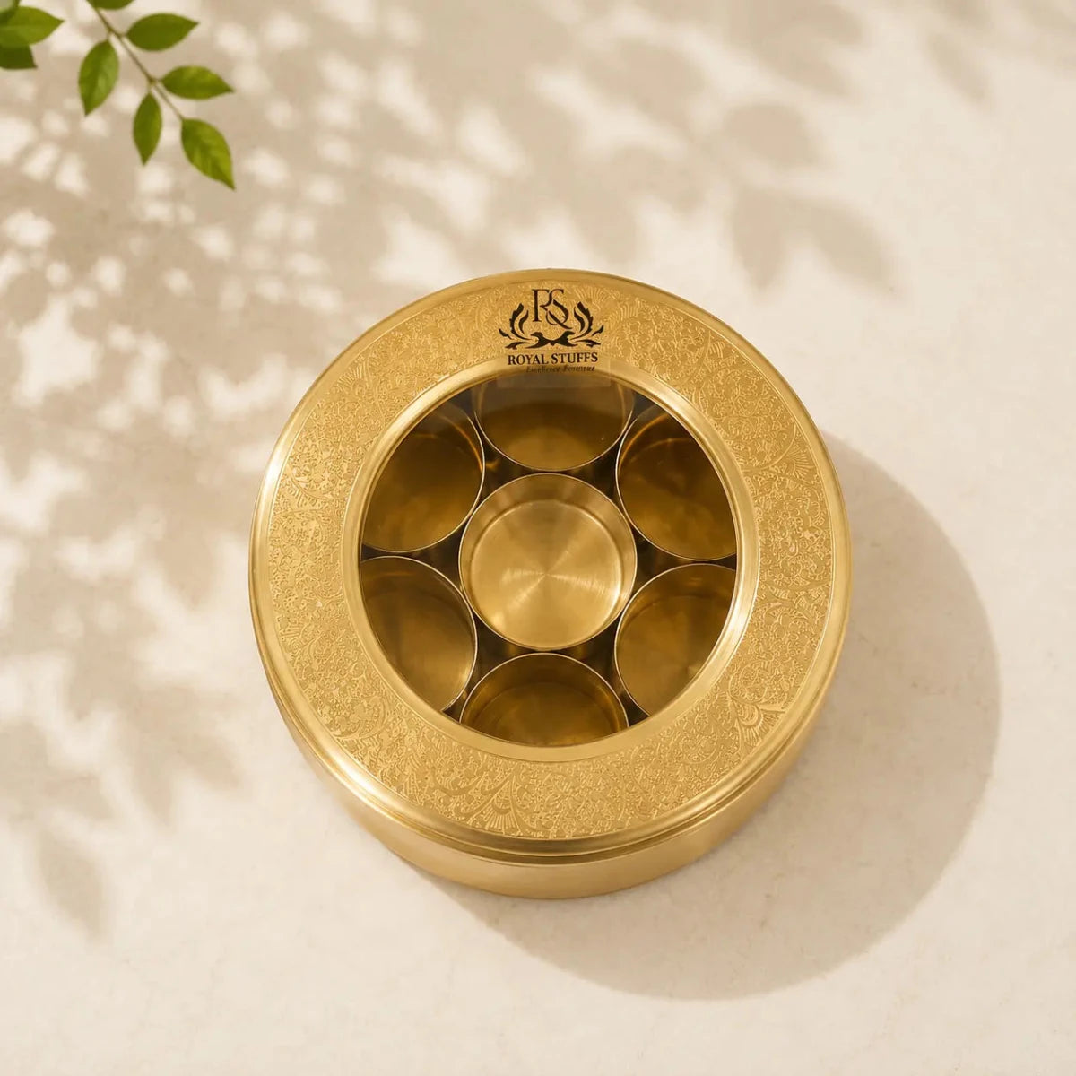 Brass Masala Dani Indian Spice Box with Brass and Glass Cover and Spoon 7 Containers For Kitchen medium size - Royalstuffs.com