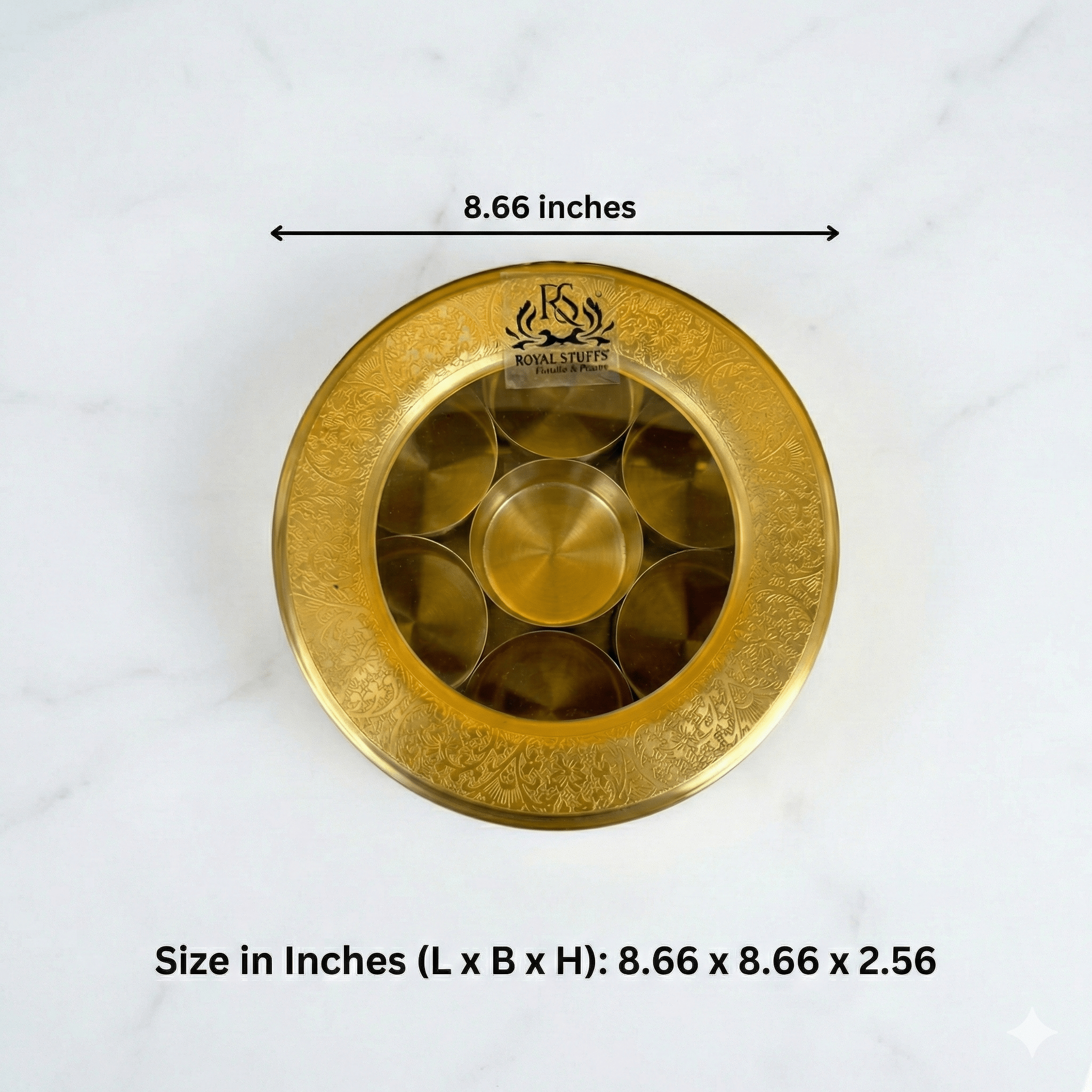 Brass Masala Dani Indian Spice Box with Brass and Glass Cover and Spoon 7 Containers For Kitchen medium size - Royalstuffs.com