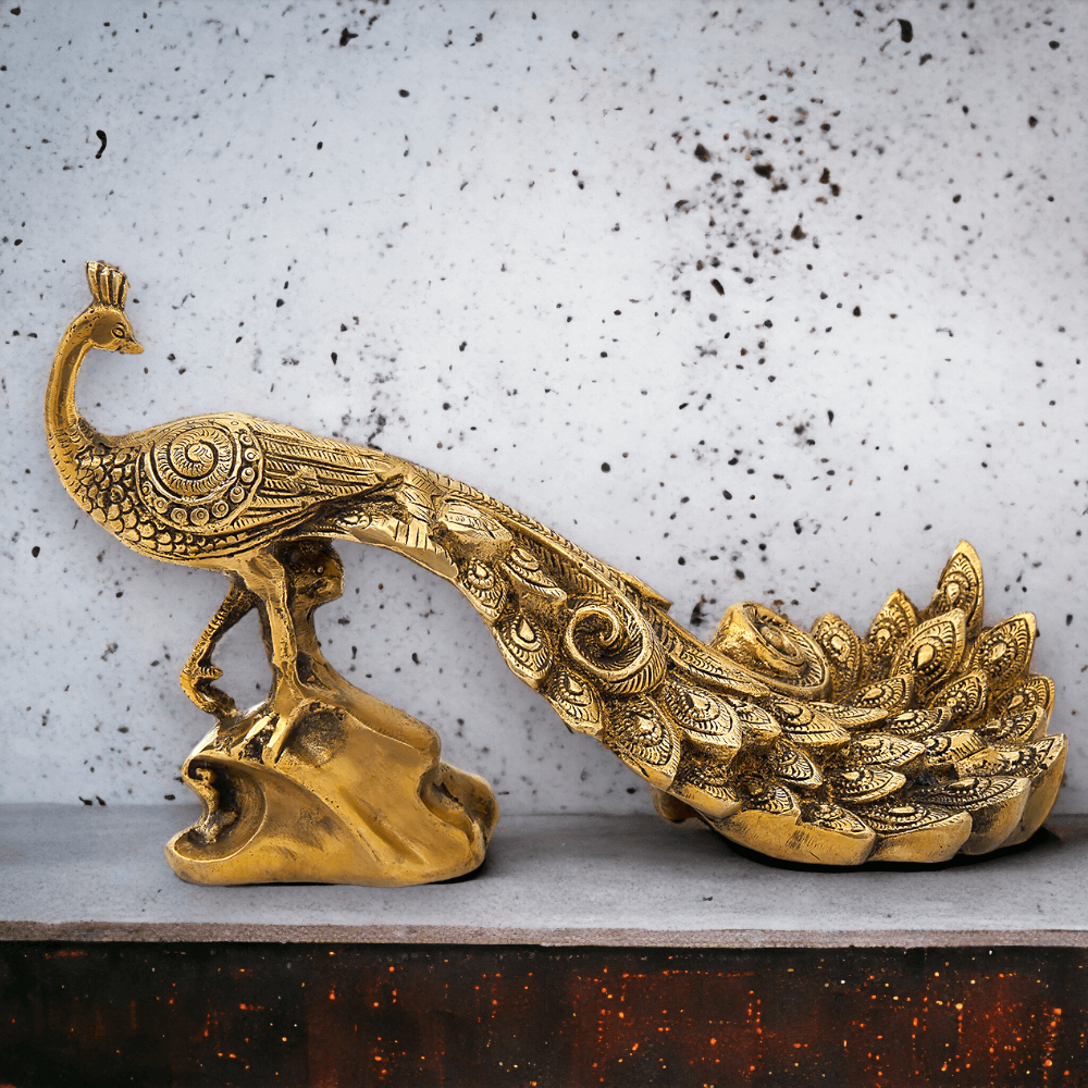 Brass Peacock Figurine Showpiece | Golden Peacock Mayur 17 cm (Brass, Gold) - Royalstuffs.com