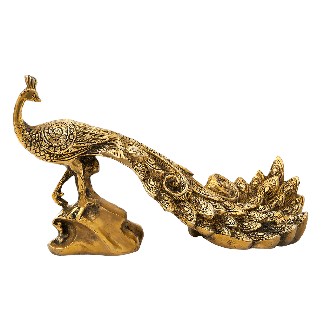 Brass Peacock Figurine Showpiece | Golden Peacock Mayur 17 cm (Brass, Gold) - Royalstuffs.com