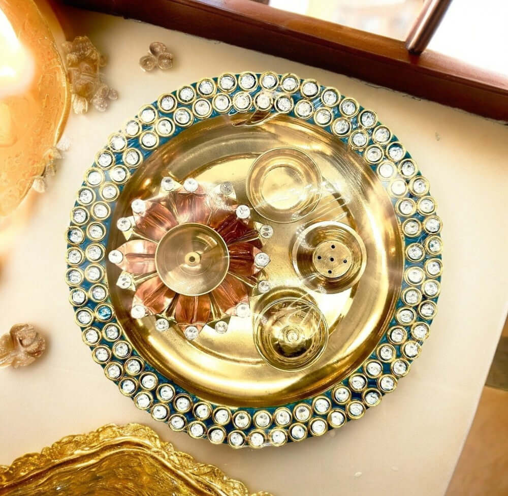 Brass Pooja Thali Set - Beads Decorated (5 Items) - Royalstuffs.com